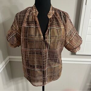 Vintage Judy Knapp California Sz M Blouse Metallic Threads Plaid Sheer RN 54386